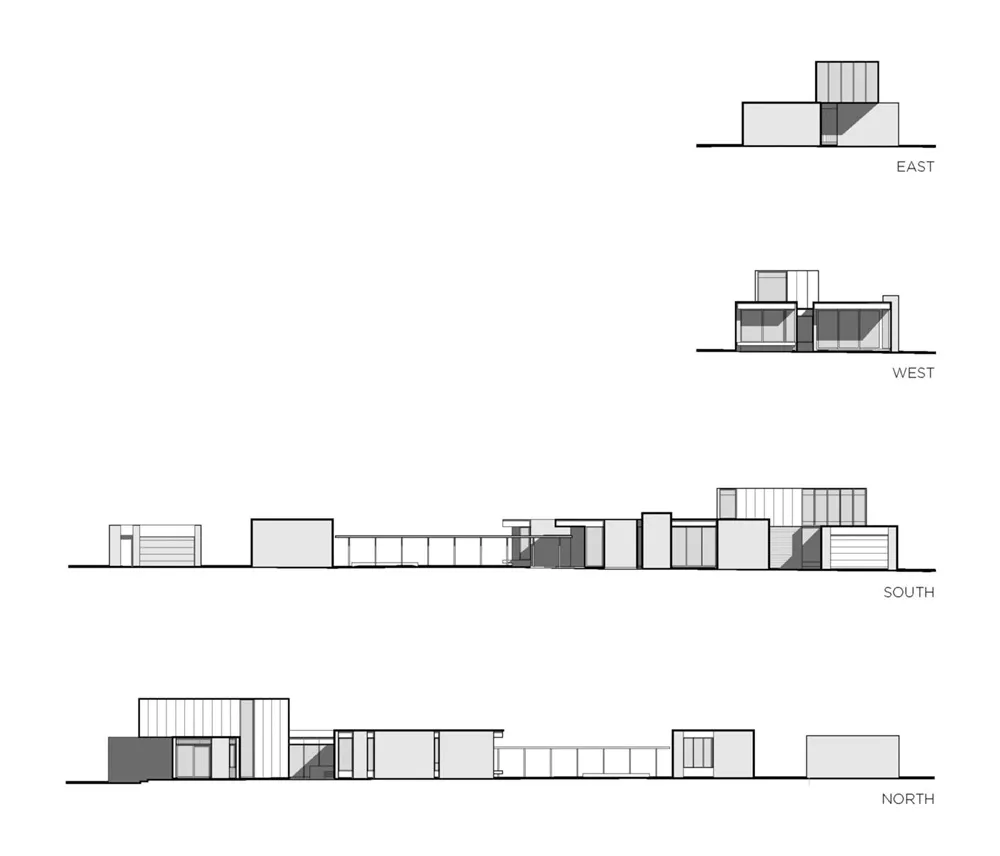A technical architectural drawing showing sectional views of a house in four different directions (East, West, South, and Nor