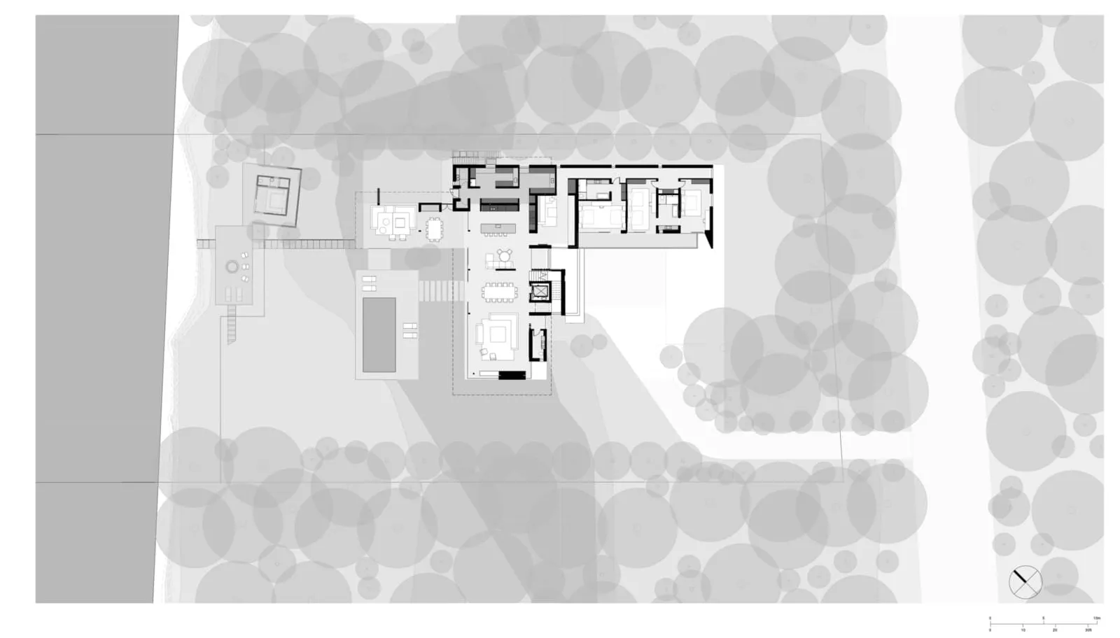 Modern residential architectural floor plan on graphite paper