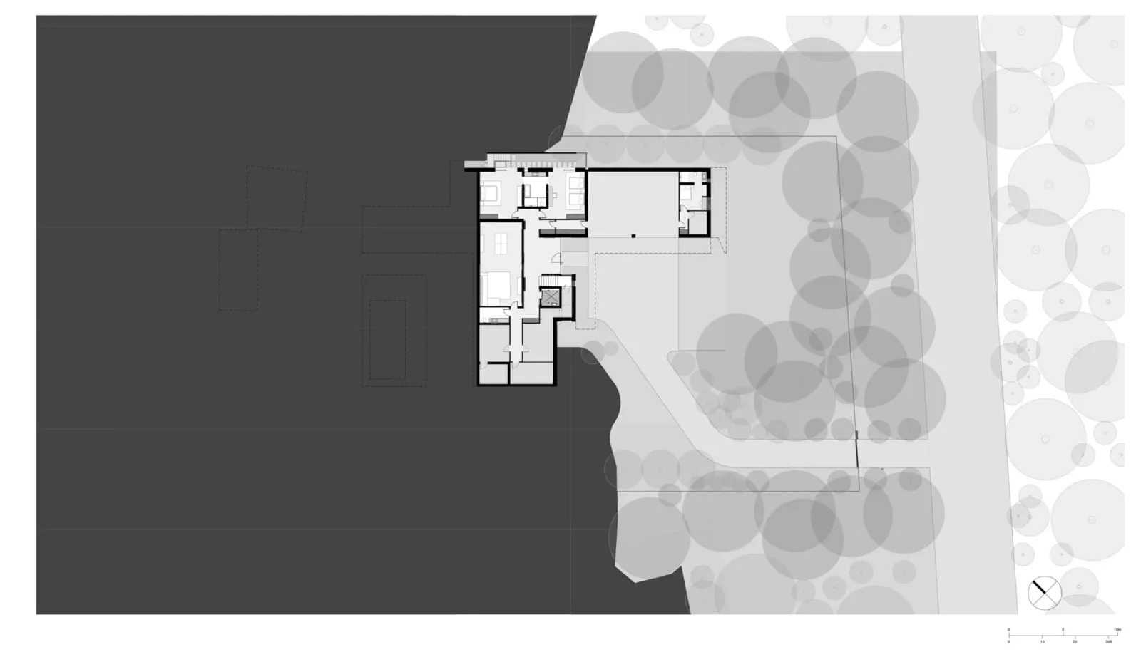 Transparent architectural floor plan of a residential building.