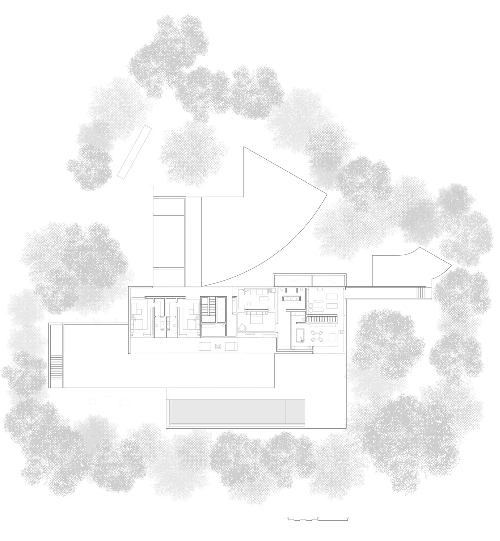 Minimalist residential floor plan with open spaces and modern design elements.