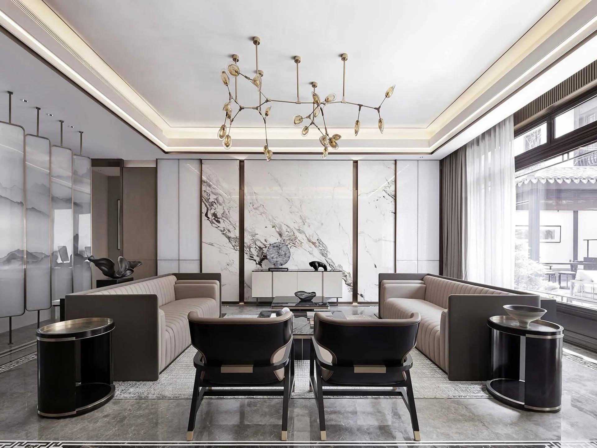 Modern living room with marble accent wall, plush seating, and minimalist decor.