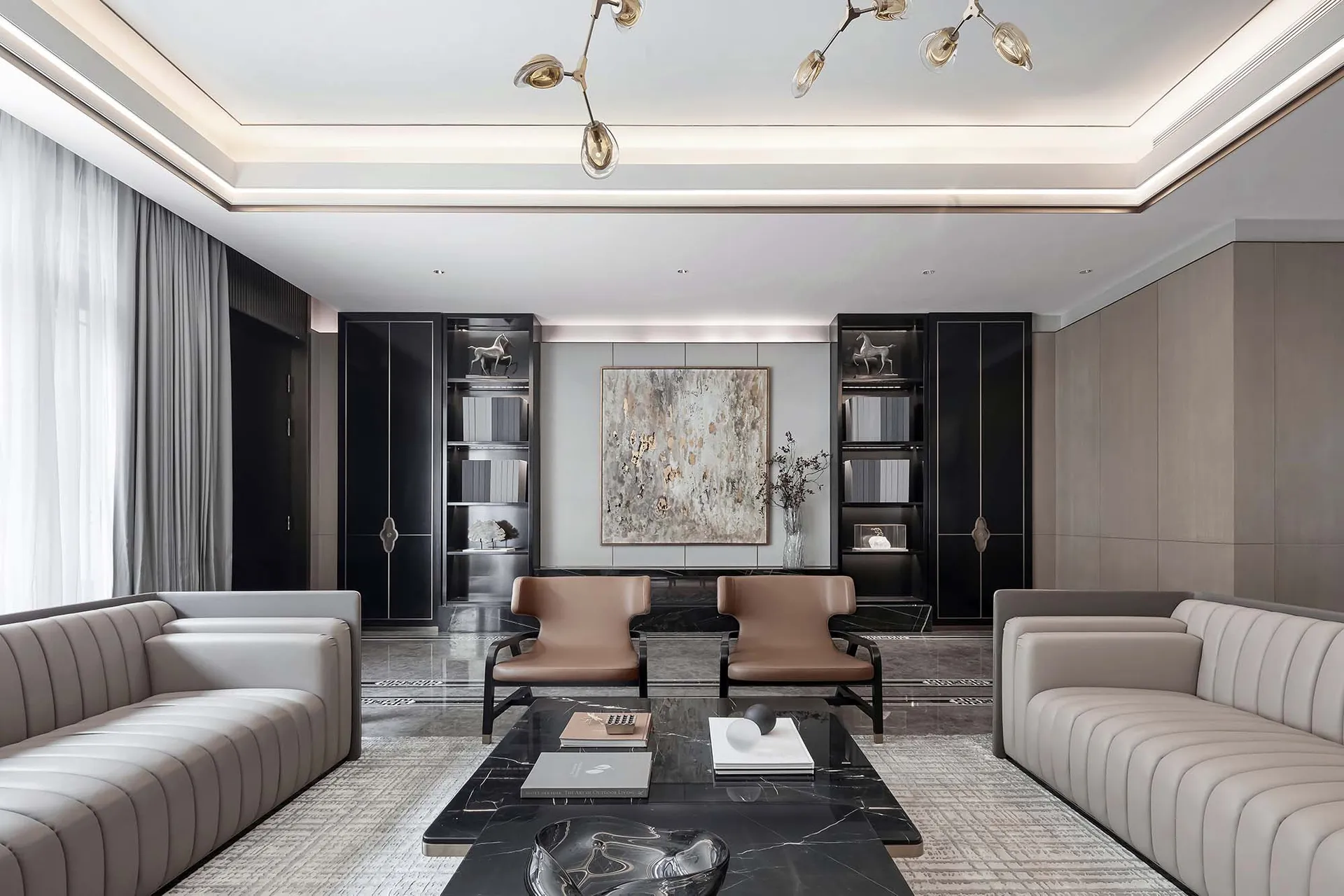 Modern living room with marble coffee table, glass bookshelves, leather armchairs, and marble floor