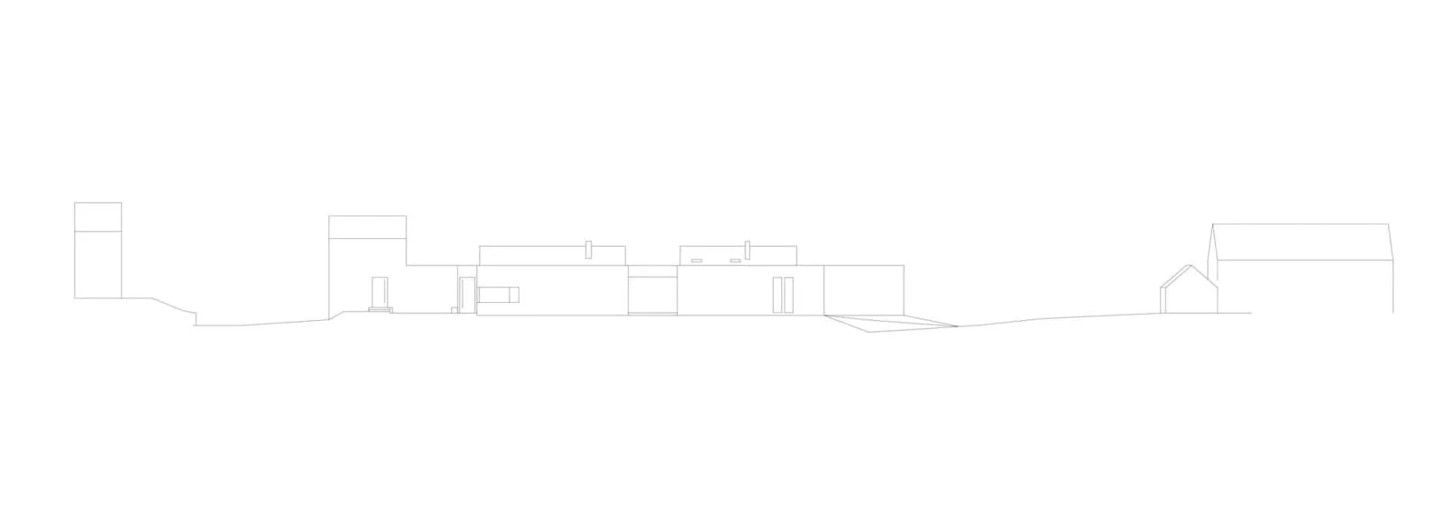 A black-and-white line drawing of a house's elevation profile, with different sections and features outlined.