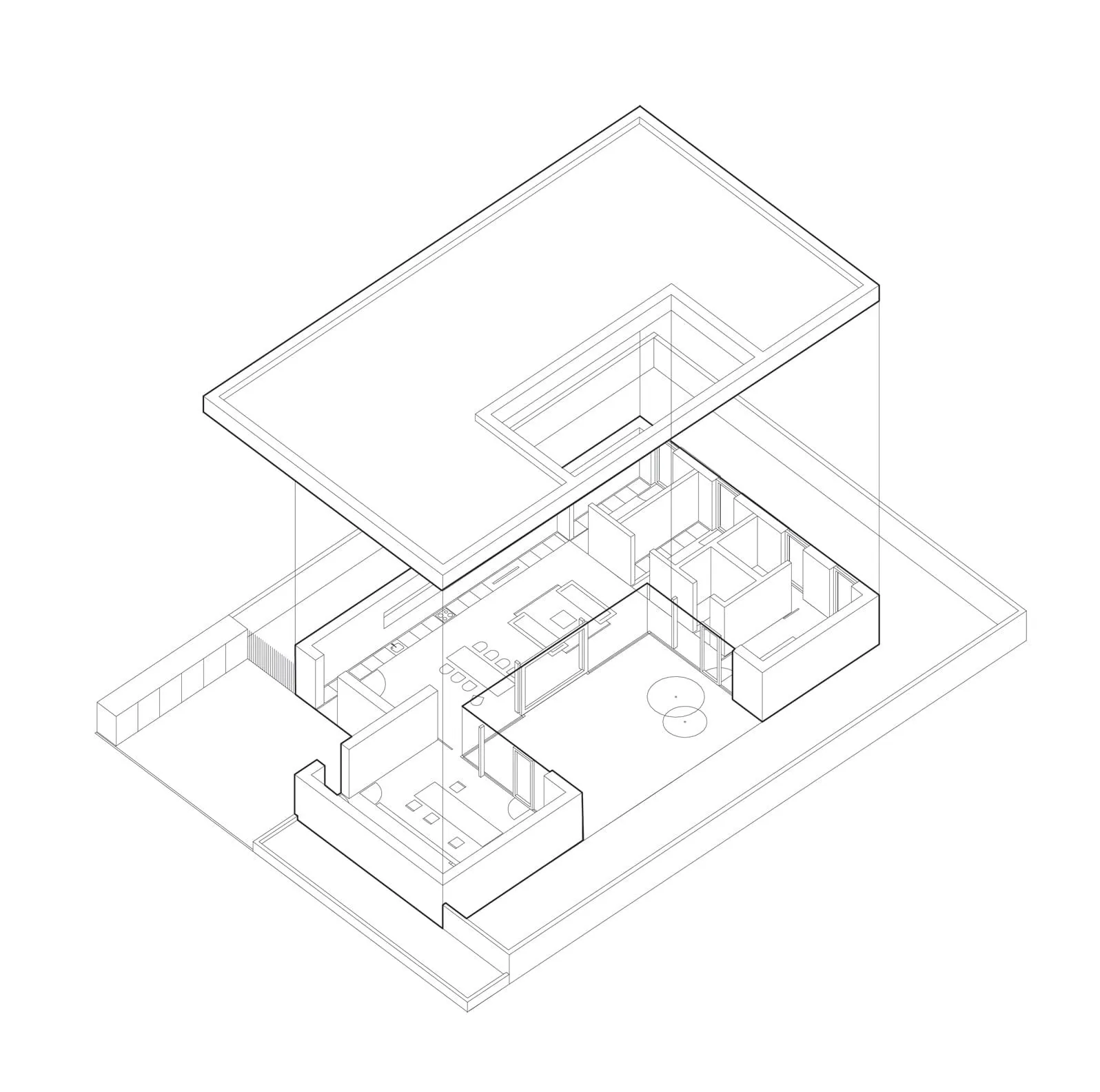 Isometric view of a minimalist residential interior design.
