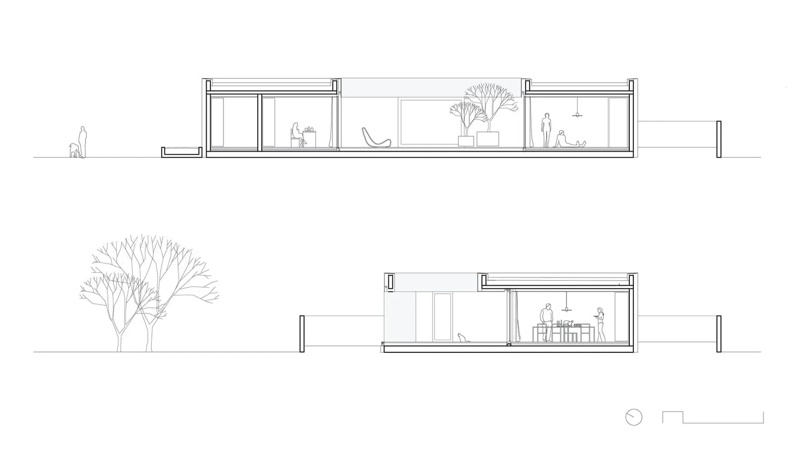 Cross-sectional architectural plan of a modern home showcasing spacious, light-filled interiors.