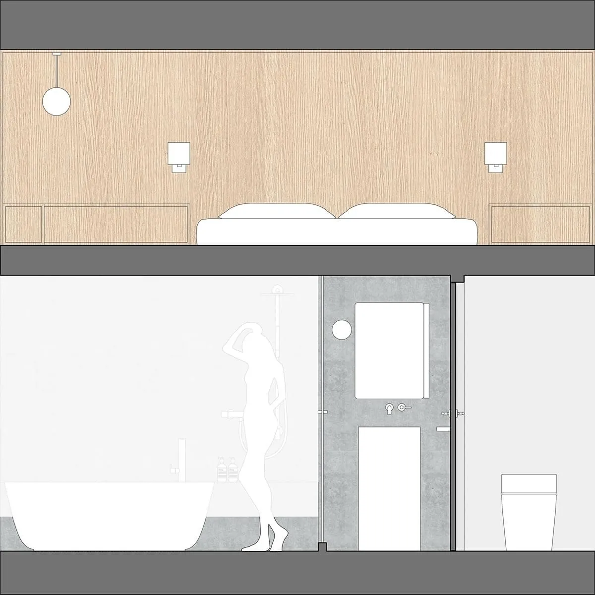 A minimalist bedroom with wooden walls and concrete floor, featuring a glass-enclosed shower and a freestanding bathtub.