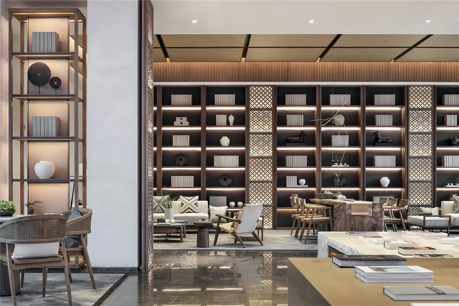 A modern library with wooden shelves, comfortable seating, and an elegant design.