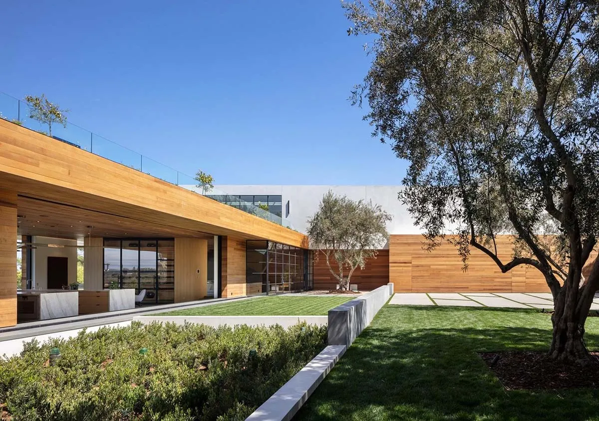 A residential space featuring modern design elements and wooden materials.