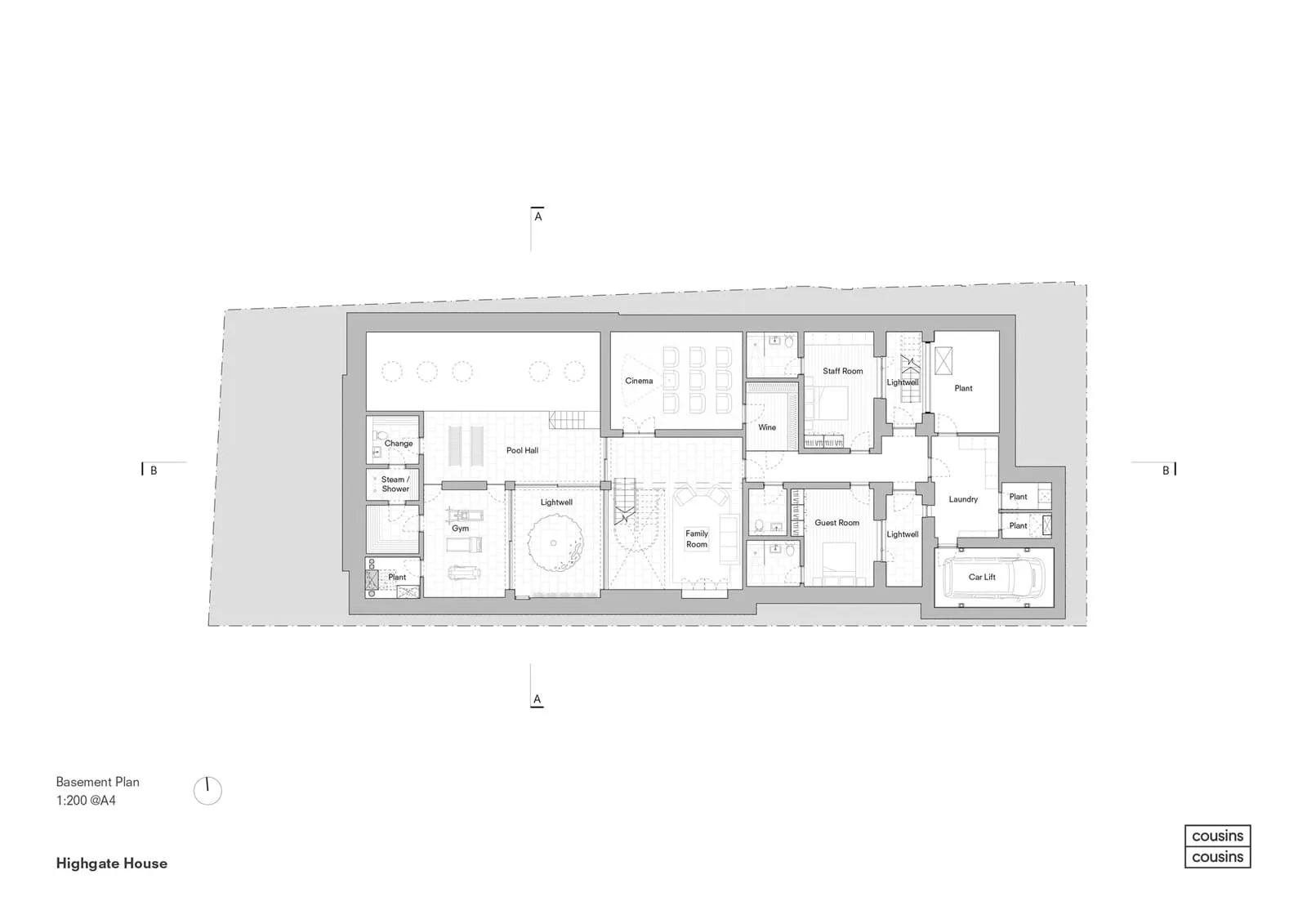 現代住宅地下室的詳細建築平面圖，展示多個功能空間，例如影院、家庭