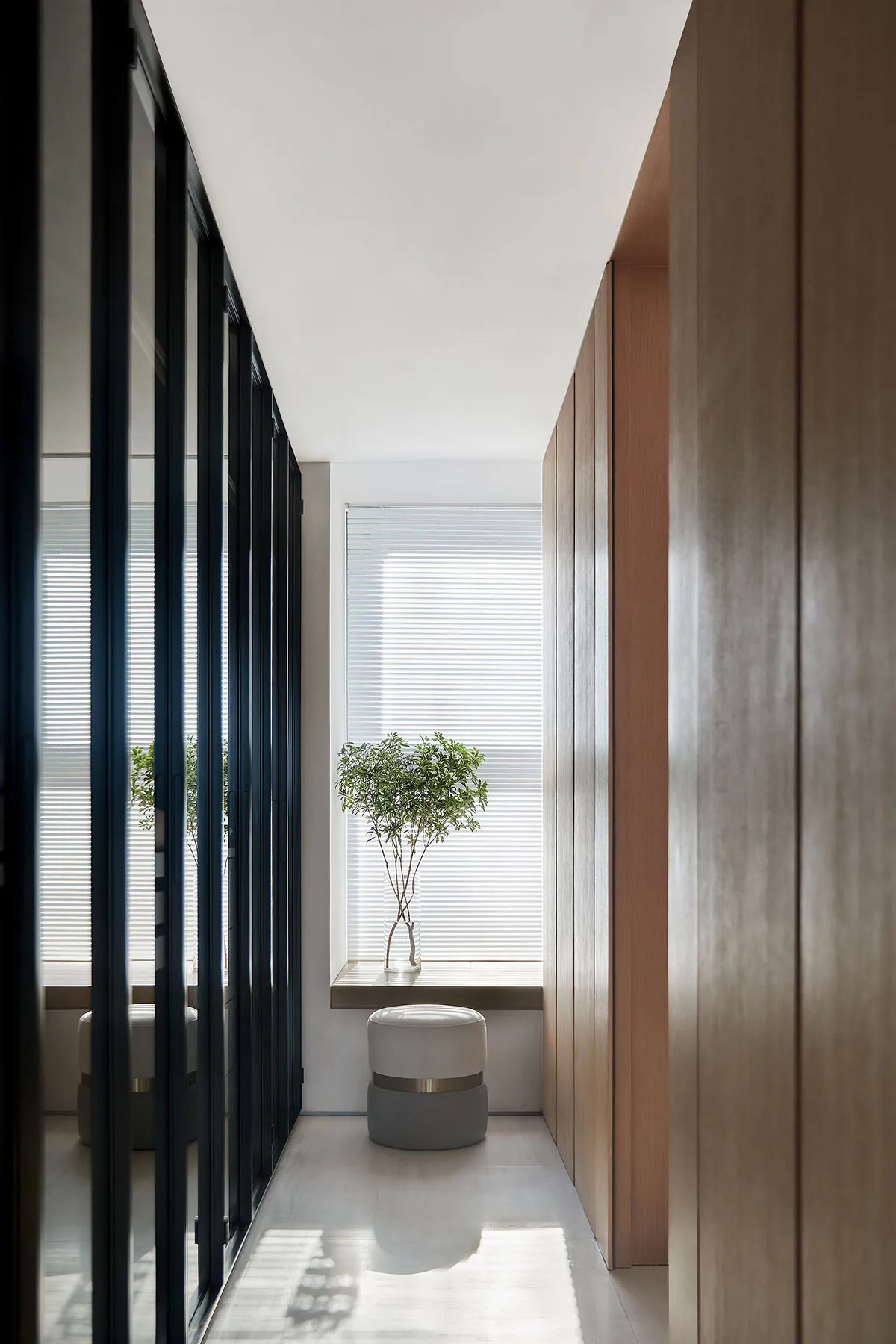 Modern interior design featuring a glass corridor with white flooring and a potted plant.