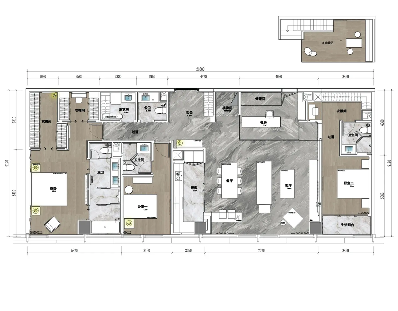 Modern residential floor plan showcasing marble tiles and laminate furniture