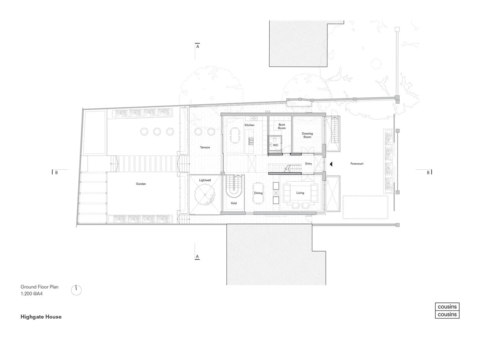 現代住宅建築的平面圖，採用混凝土與玻璃元素。