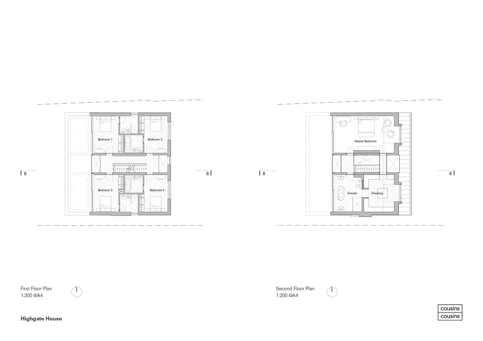 Second floor architectural plan of a Highgate House with bedrooms and a bathroom.