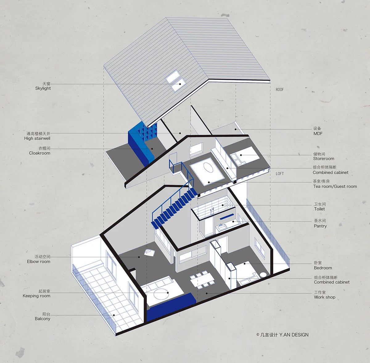 Cross-sectional floor plan of a modern residential building showing various functional zones.