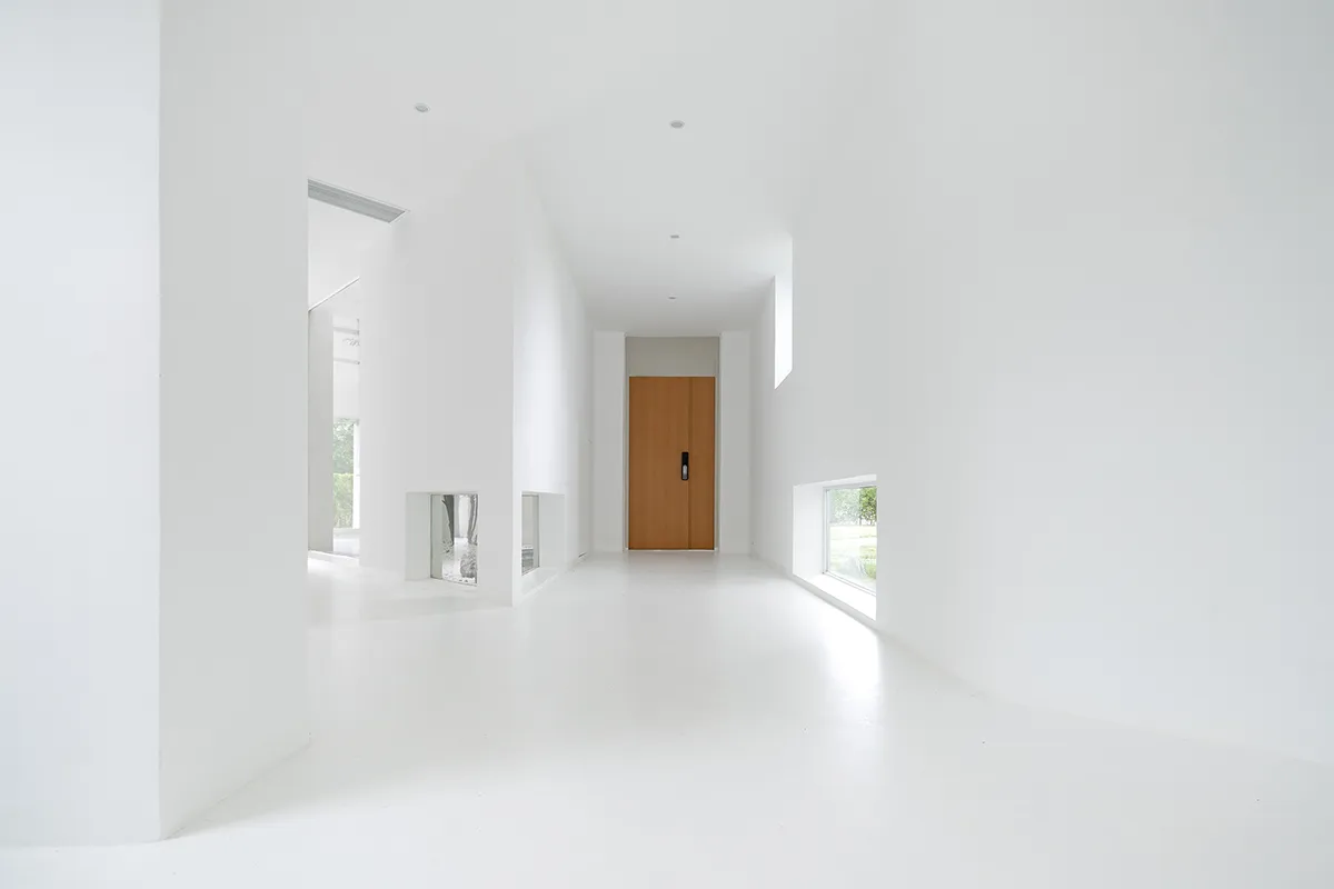 A minimalist indoor space with white walls, concrete flooring, and a wooden door.