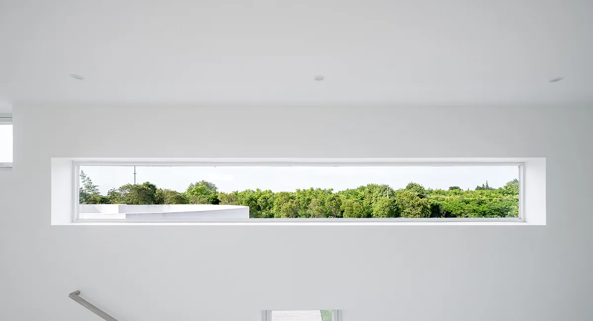 一扇現代長方形窗戶,透過玻璃展示綠樹與建築的景觀視野。