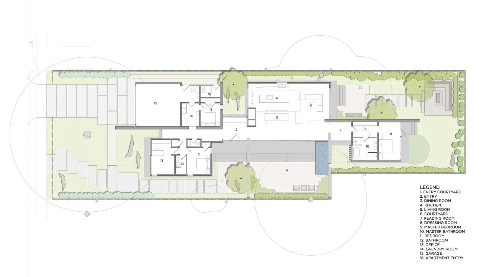Detailed architectural drawing of a modern house interior and exterior layout.