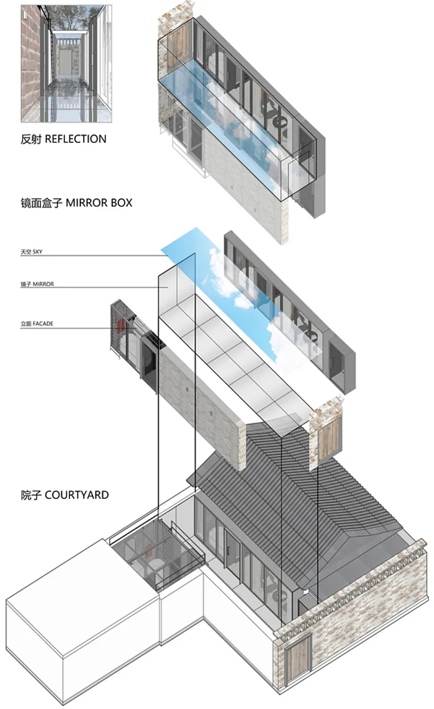 An architectural drawing depicting a modern interior design with a glass box feature.