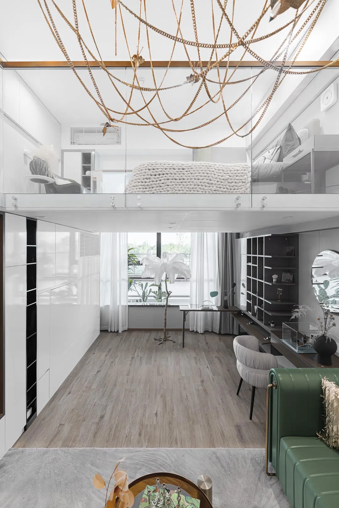 A modern living room featuring a floating bed and sleek, minimalist design.