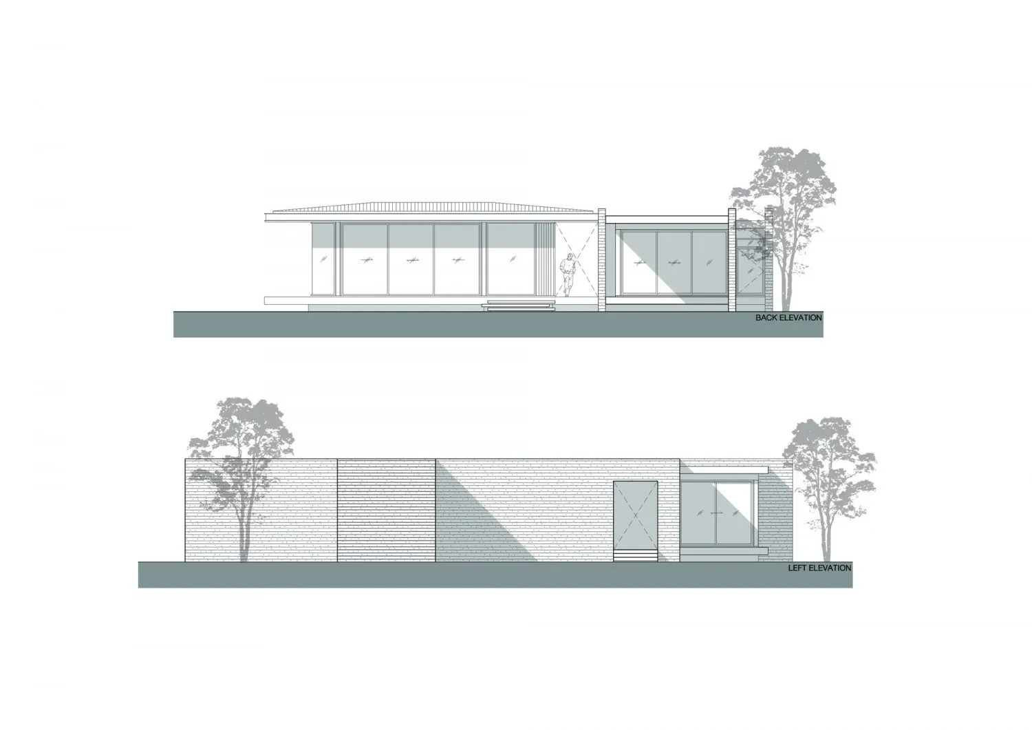 A modern building exterior with brick, glass, and concrete materials.