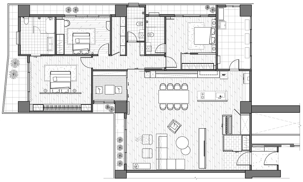 A detailed 2D architectural drawing of a residential interior layout.