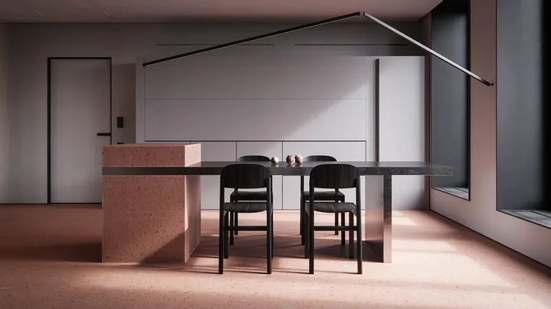Industrial design interior with concrete table and black chairs.