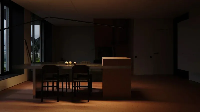 A minimalist interior space featuring a concrete kitchen island with three bar stools.