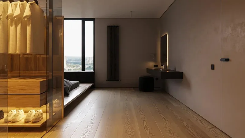 A modern bedroom with hardwood flooring, minimalistic design elements, and a large window offering a view of the city.