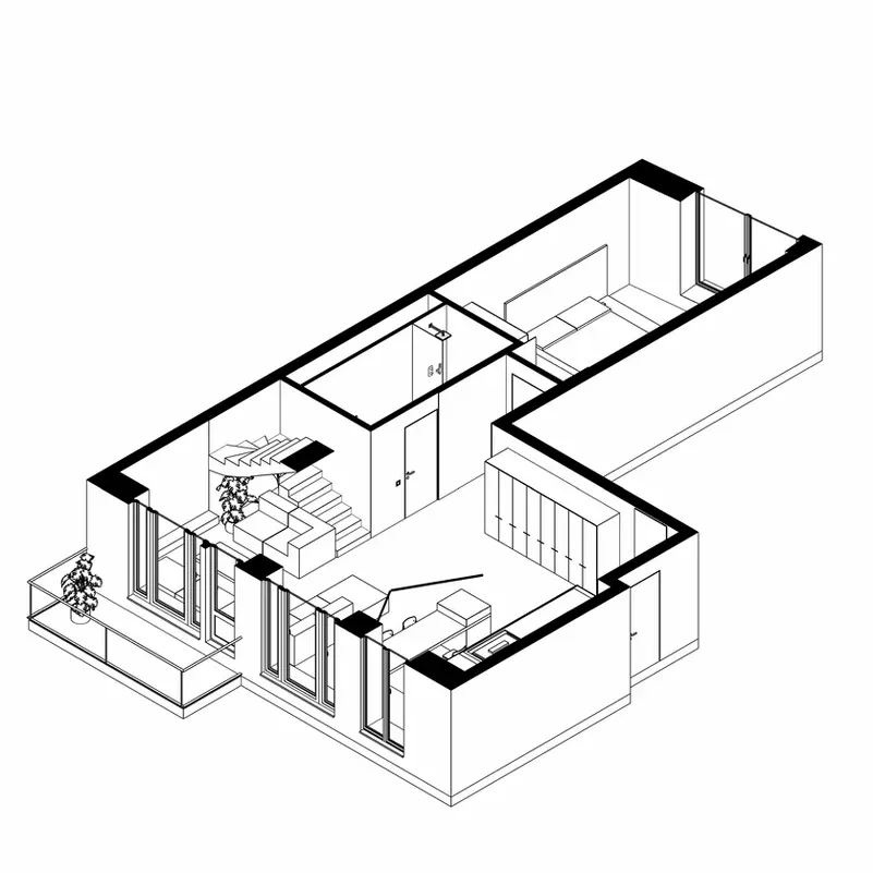 A modern floor plan rendering depicting a residential or commercial space with a clean, contemporary design.