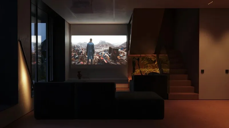 A modern living room with a couch, a person sitting on the couch watching a movie on a large screen.