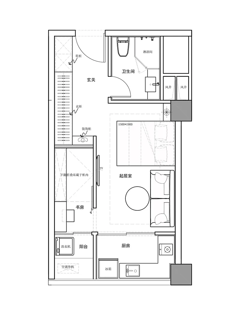 A detailed 2D architectural floor plan showing the layout of a modern apartment with living room, bedroom, kitchen, bathroom,