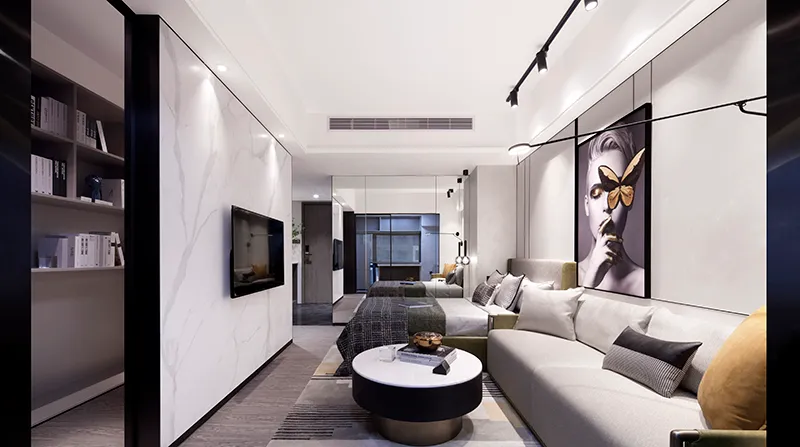 Modern living room with marble and concrete finishes.
