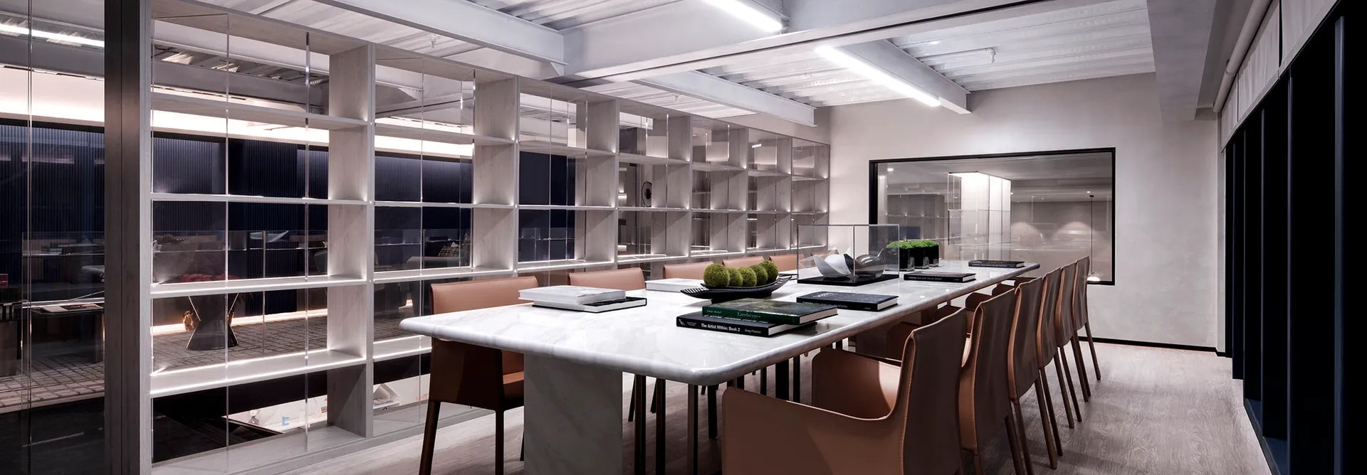 Modern conference room with marble table and chairs
