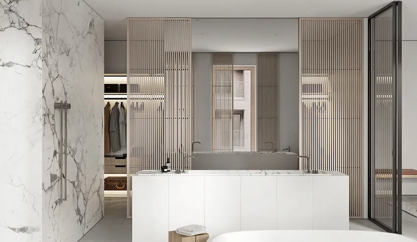 Modern minimalist bathroom featuring marble and wooden elements