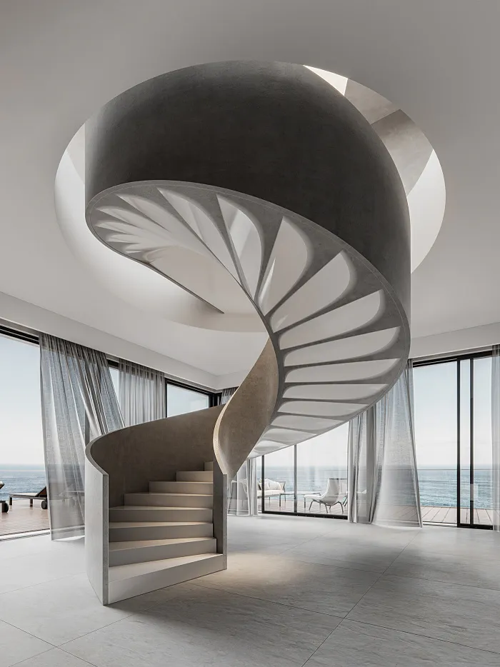 Modern residential interior featuring a spiral staircase made of concrete.