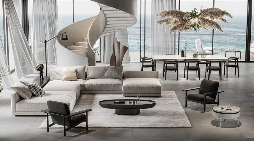 Modern residential space featuring neutral tones, glass, and wood elements.