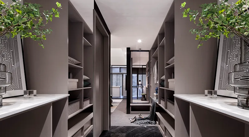 Modern wardrobe closet with wood and metal accents, glass doors and shelves