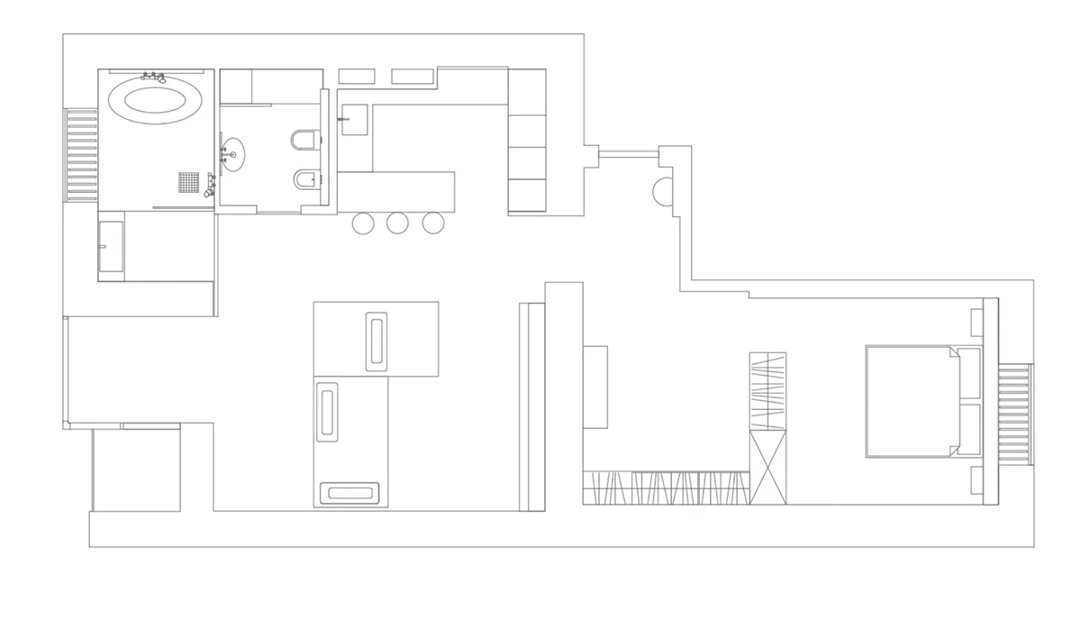 現代白色室內設計的詳細建築藍圖。