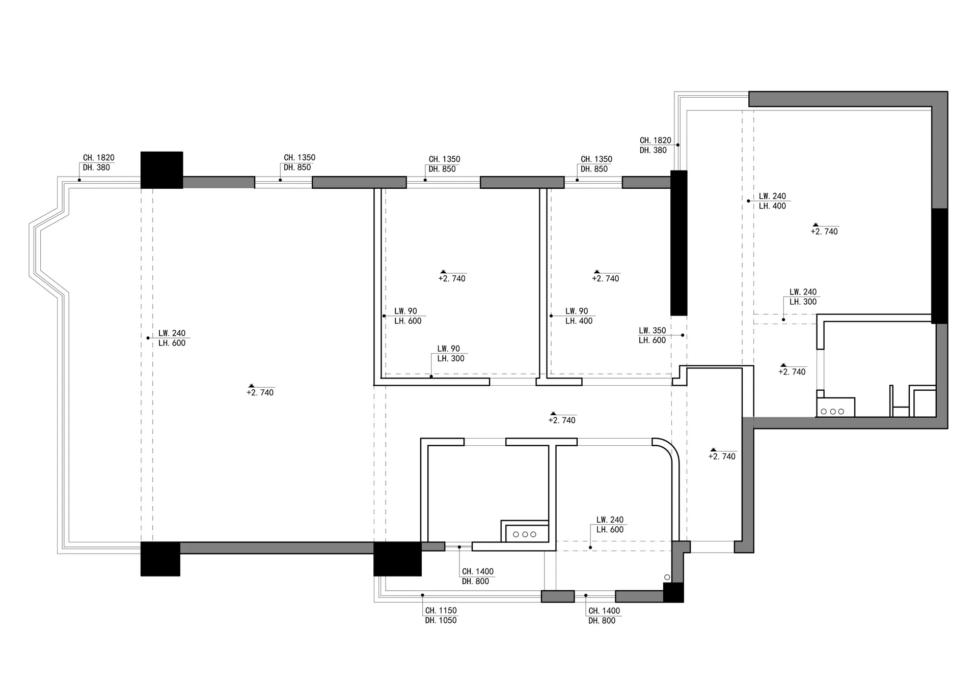 2D architectural drawing of a modern building floor plan with dimensions and labels.