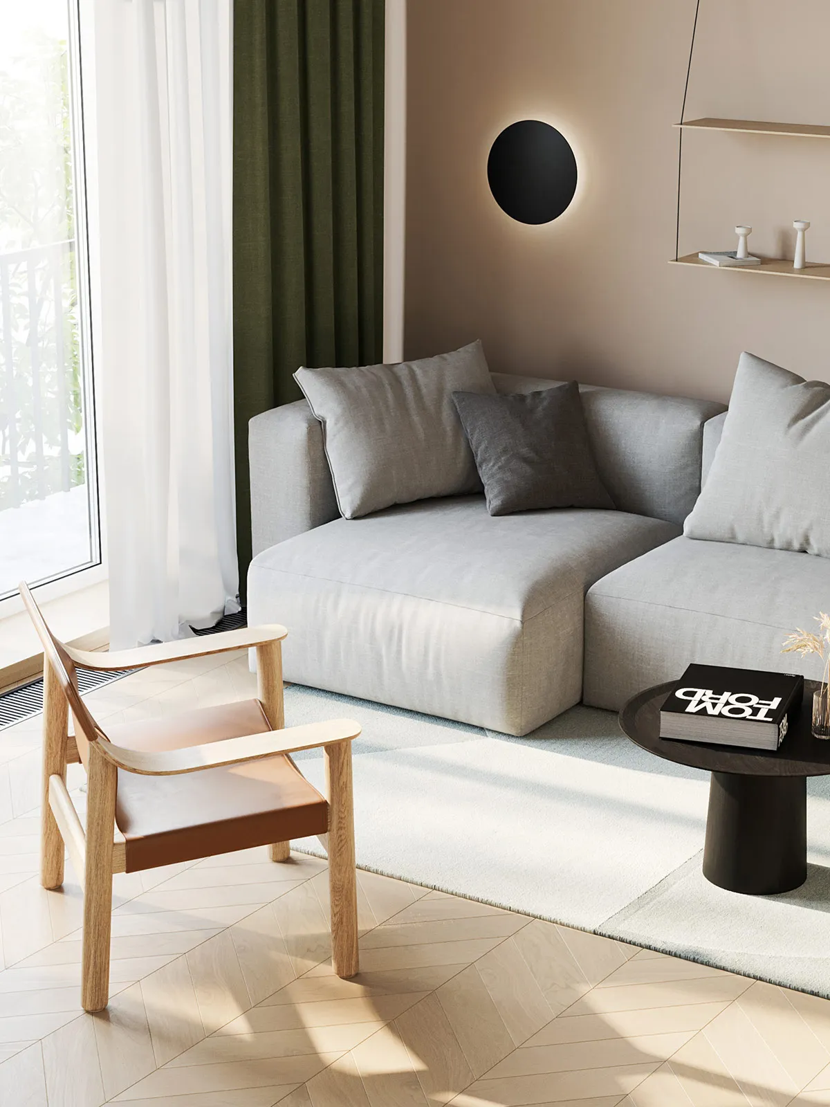 Modern living room with a light-colored fabric sofa, wooden armchair, and black coffee table.