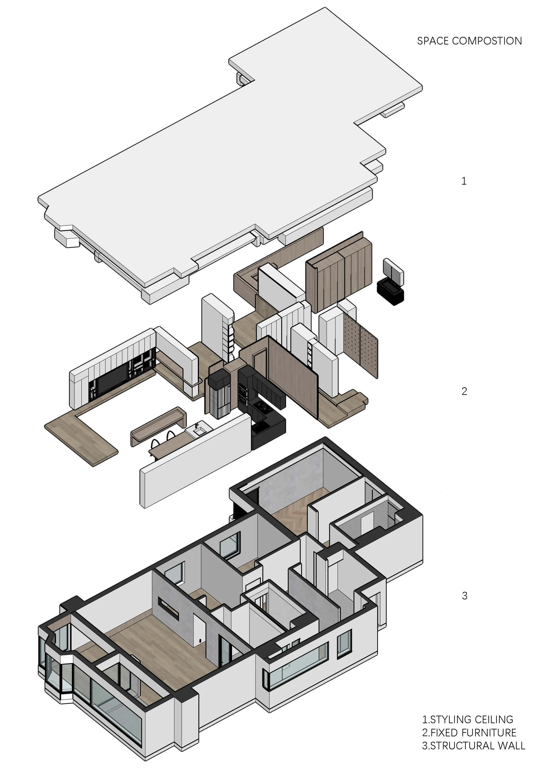 An isometric rendered 3D model of a modern residential interior space composed of structural walls, fixed furniture, and styl