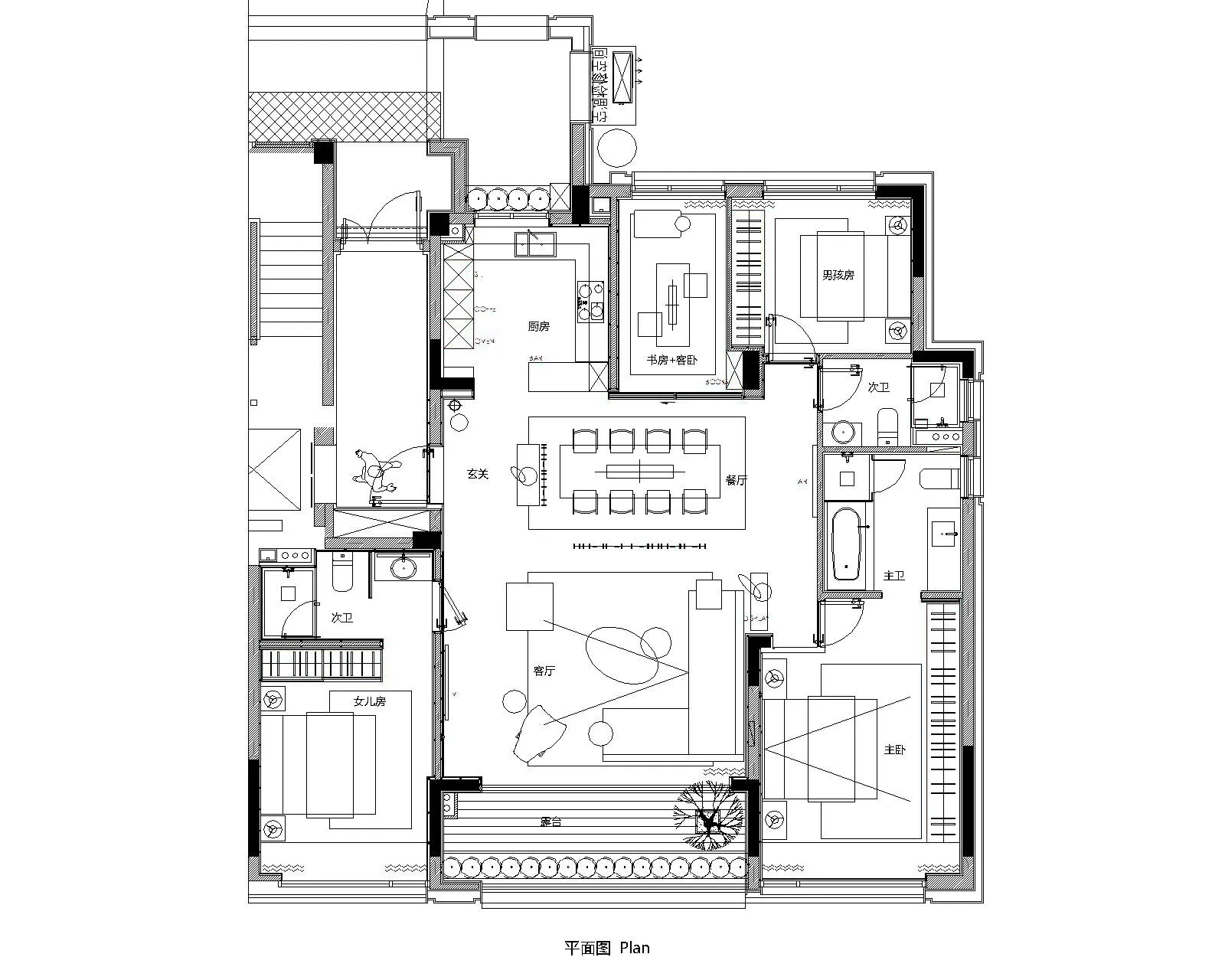 Modern residential floor plan with multiple rooms and functional zones.