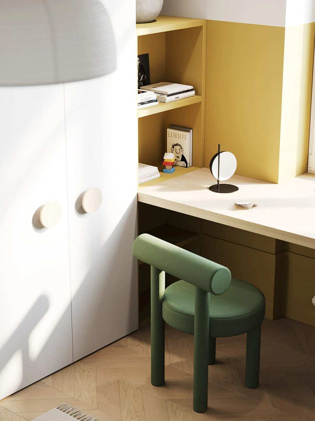 A modern office desk space featuring wooden furniture and a green upholstered chair.