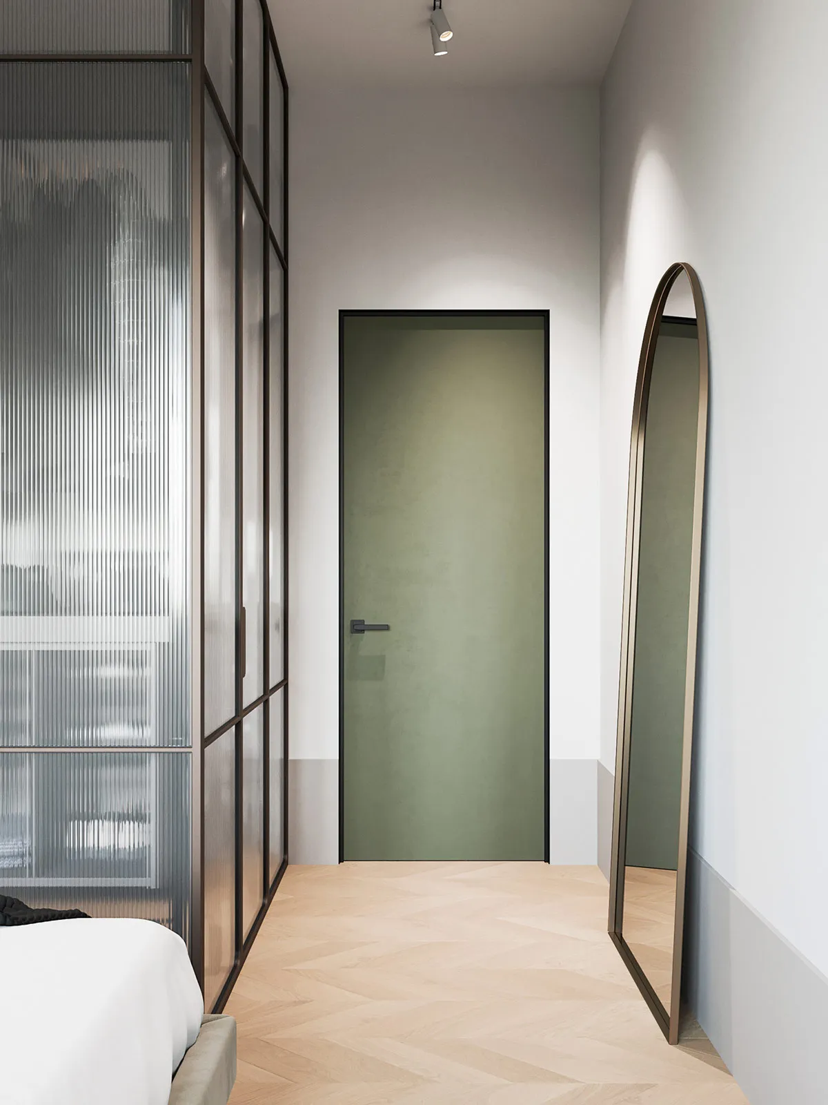 Modern minimalist bedroom featuring wood flooring, glass walls, metal accents, and painted walls