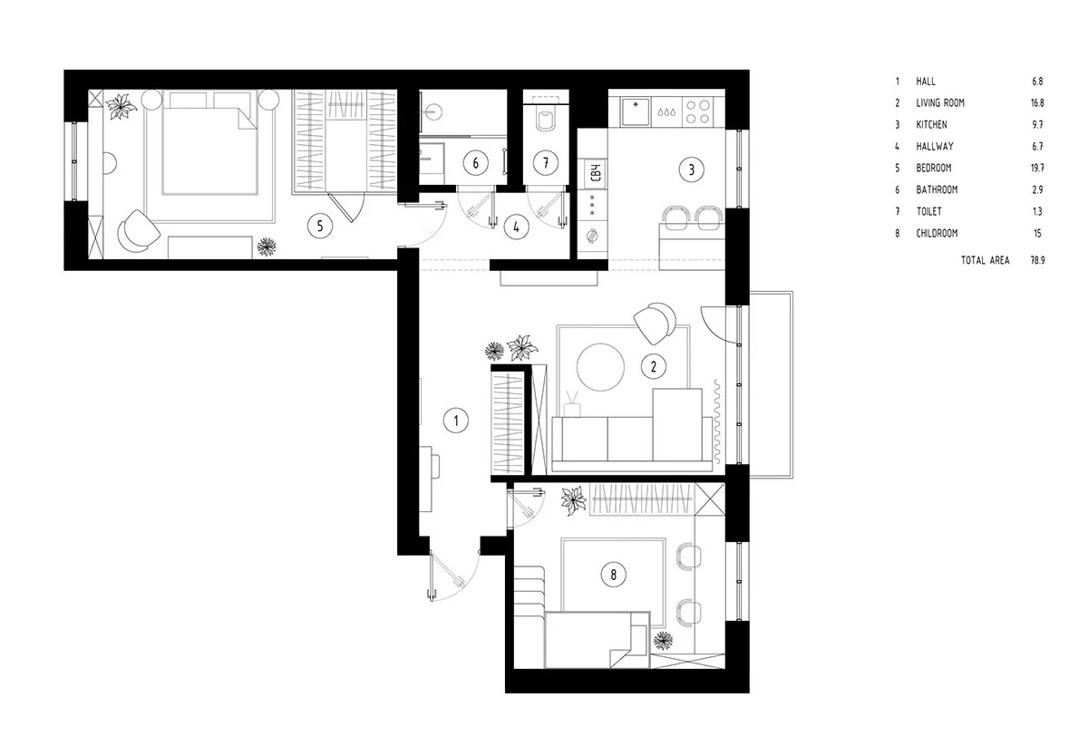 A detailed floor plan of a modern apartment, depicting living spaces, bedrooms, kitchen, and bathrooms.
