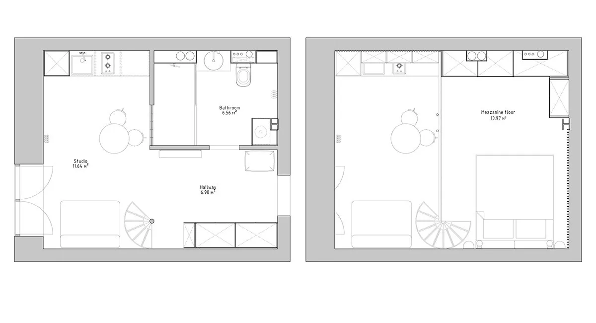 Minimalist residential living space featuring studio, bathroom, hallway, and mezzanine floor.