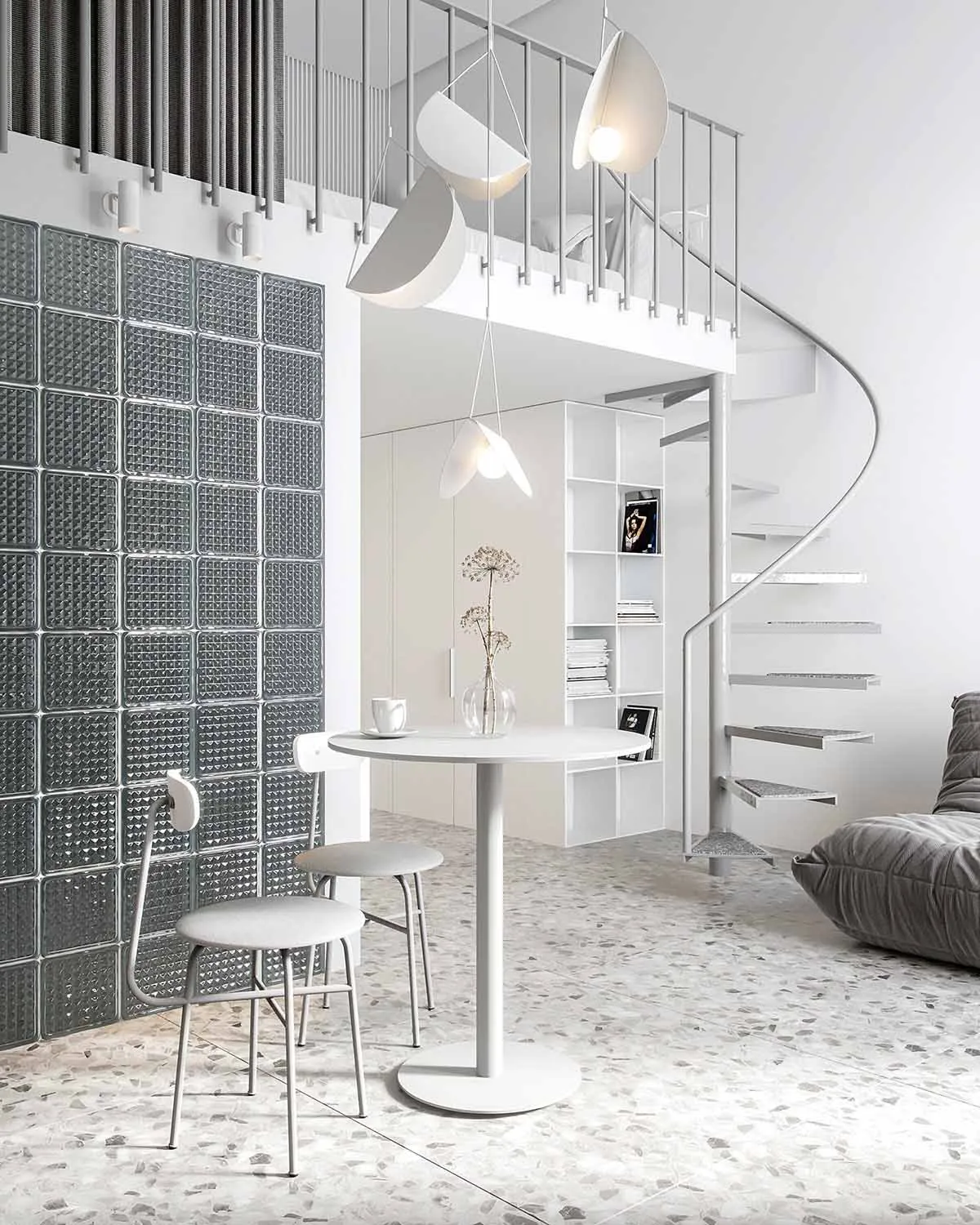 A minimalist apartment featuring glass block walls and a spiral staircase