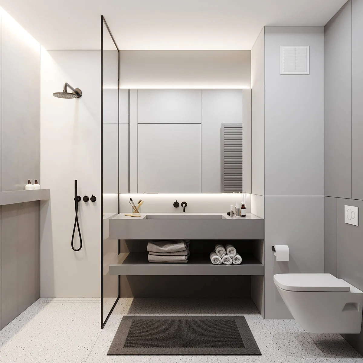 A minimalist bathroom with a concrete countertop, a white toilet, and a walk-in shower.