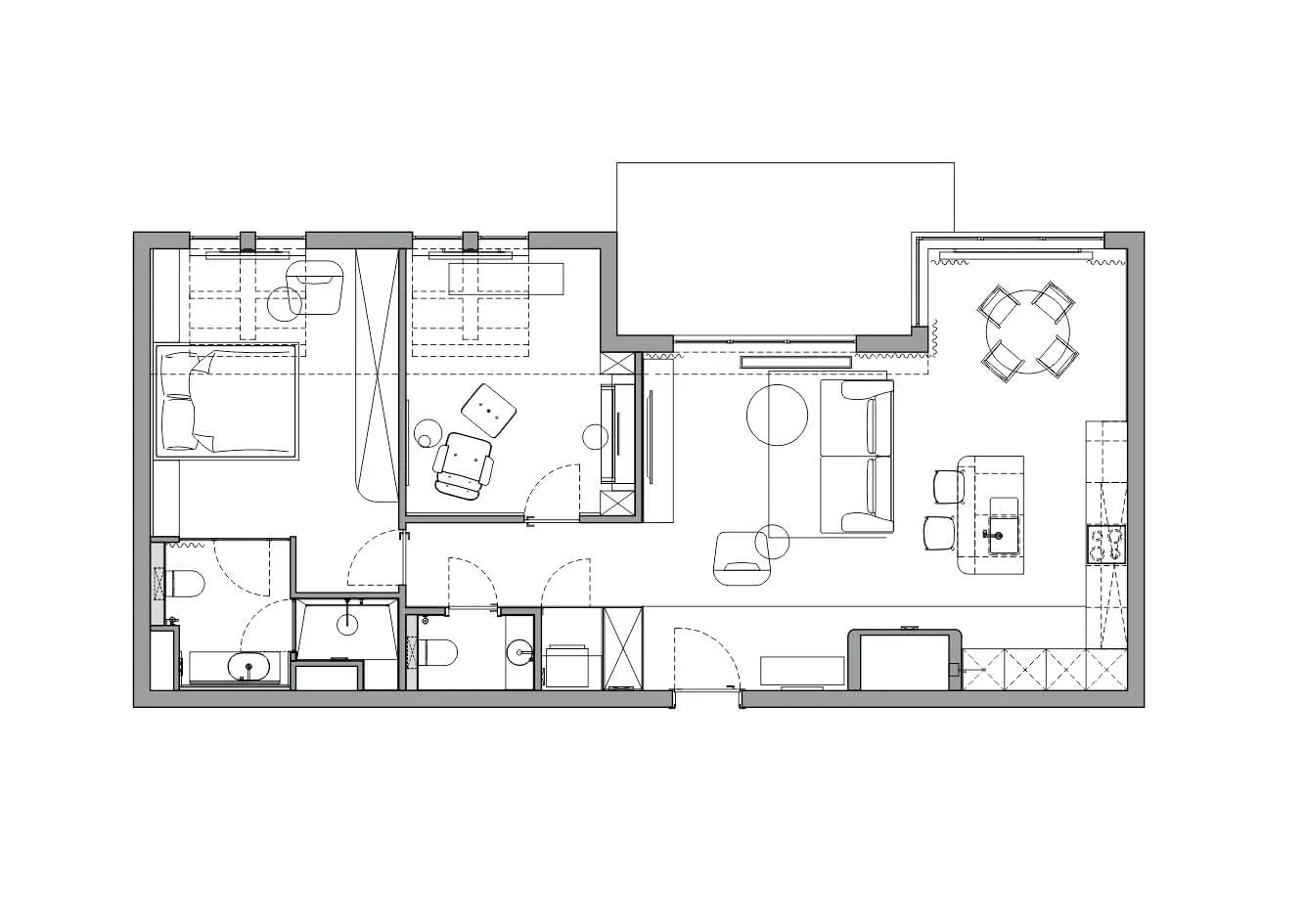 Modern residential floor plan with living room, kitchen, and bedroom