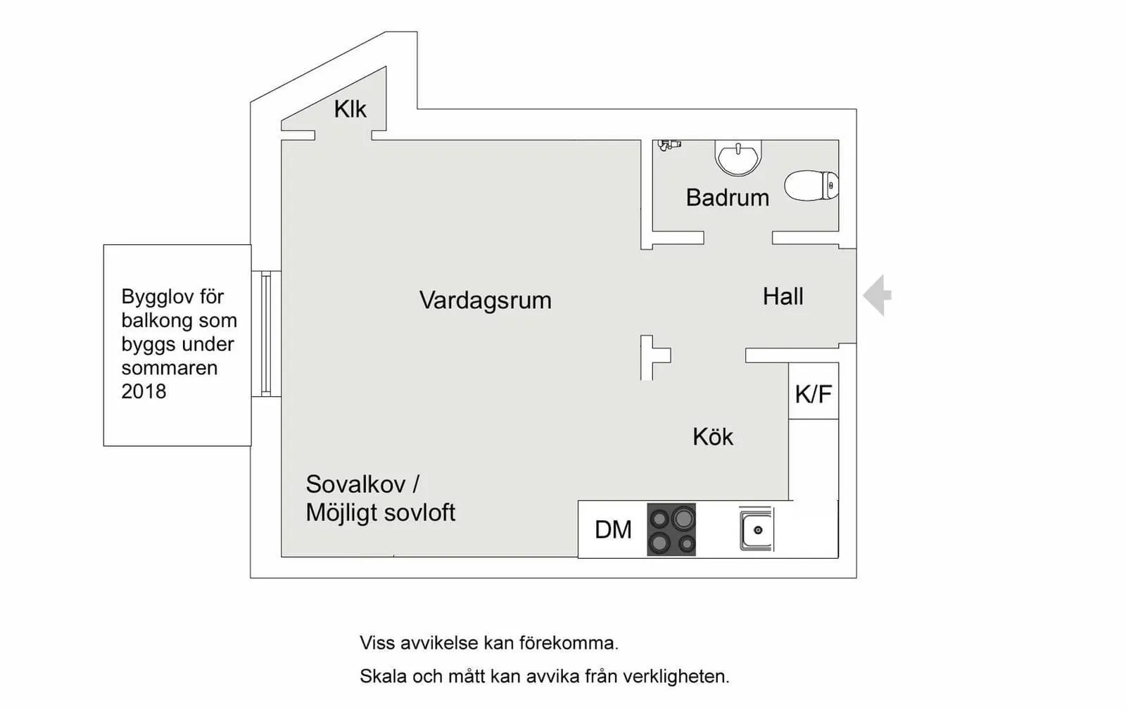 A modern flat floor plan showing a living room, kitchen, bathroom, and hallway.